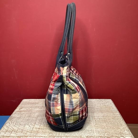 J. Crew Multicolor Classic Cotton Madras Preppy Patchwork Purse Tote Bag Navy - Picture 4 of 13